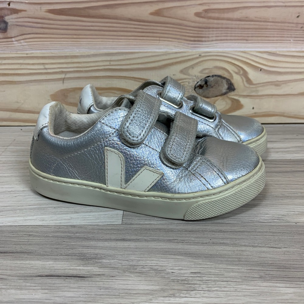Veja Kids Silver Leather Sneakers with Cream V Logo